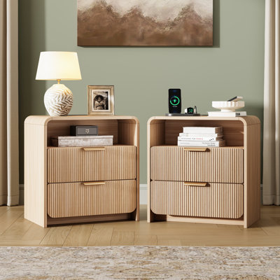 25''H 2-Drawer Nightstand W/ Charging Station, Modern Fluted Bedside Table, Curved Profile Design(Set Of 2)
