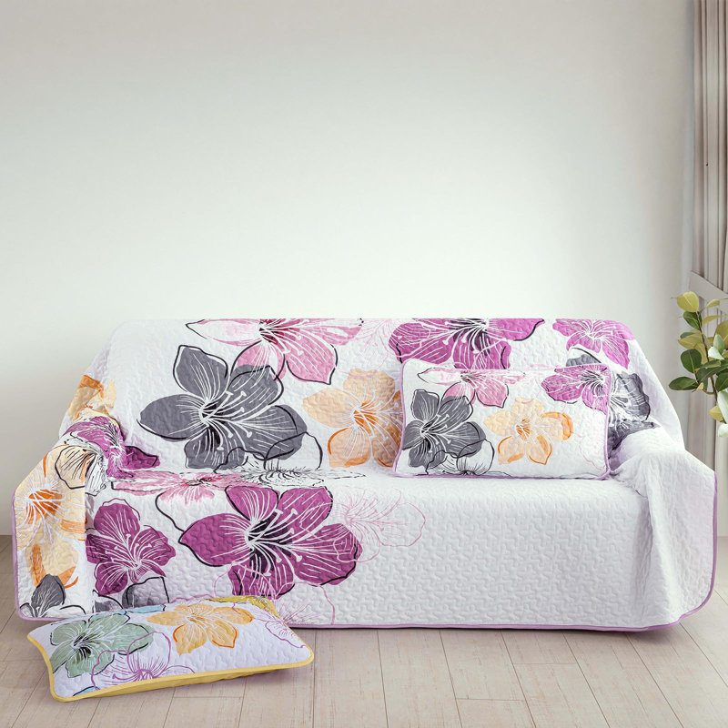 3 Piece Botanical Floral Quilt Set  with Pillow Shams Soft Lightweight Flower Bedding Set for All Season, Purple/White