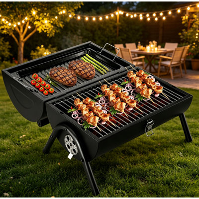Double-Sided Portable Charcoal Grill, Heavy Duty Tabletop BBQ With Flat Griddle & Grill Rack, 3-5 Person Capacity, Rustproof Steel, For Camping Patio Backyard