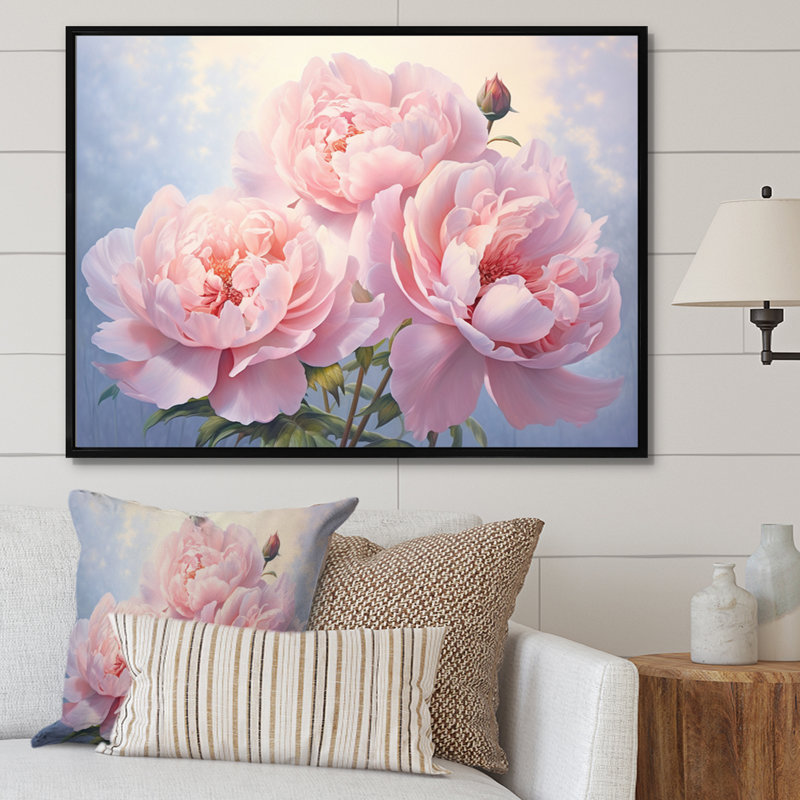Pivoine rose II - art mural floral, Cadre flottant noir, H 24 po x l 32 po x P 1 po
