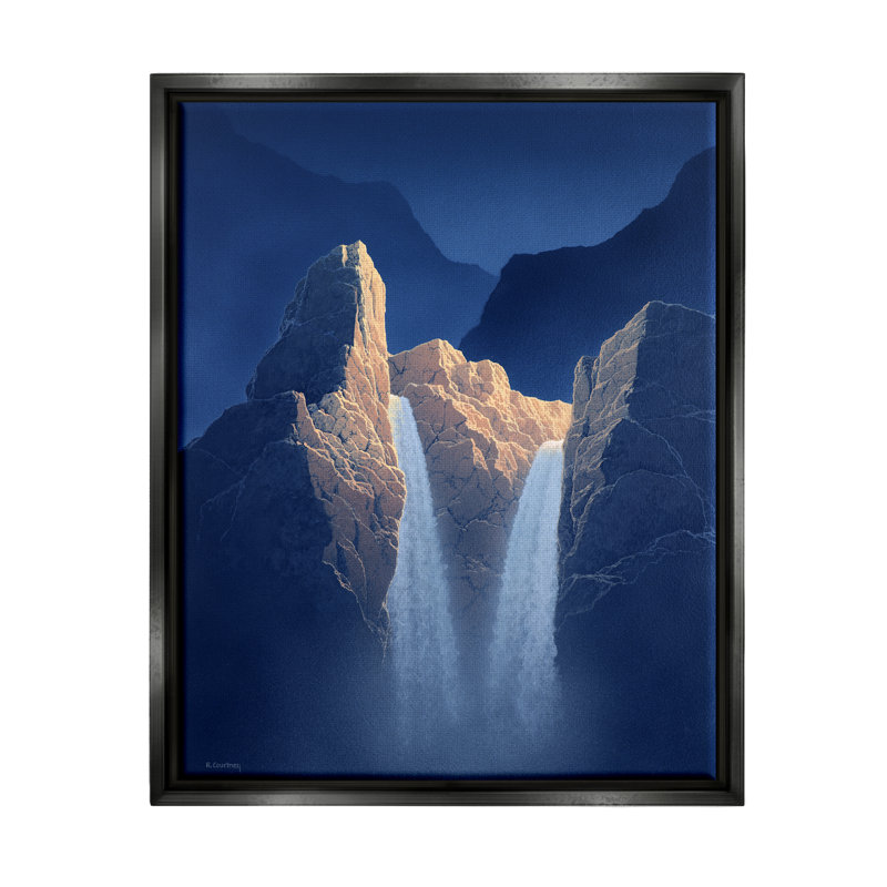 «Two Waterfalls Nighttime Peaks» par Richard Courtney - impression, H 31 po x l 25 po x P 1,7 po, Cadre flottant noir de jais