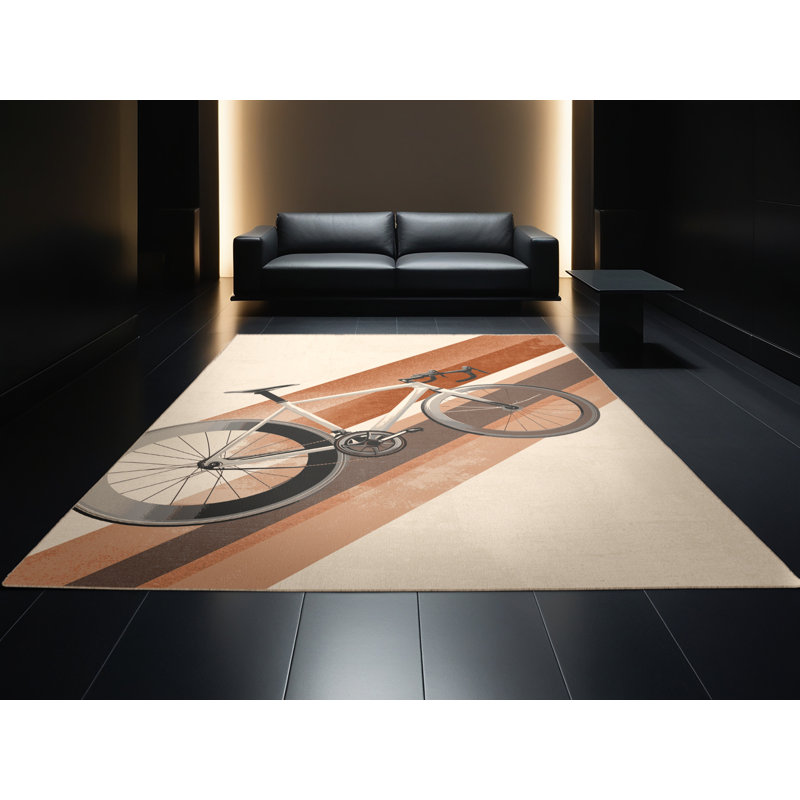 Tapis beige élégant et chic lavable à la machine Kendari Road Racing, 7 x 9