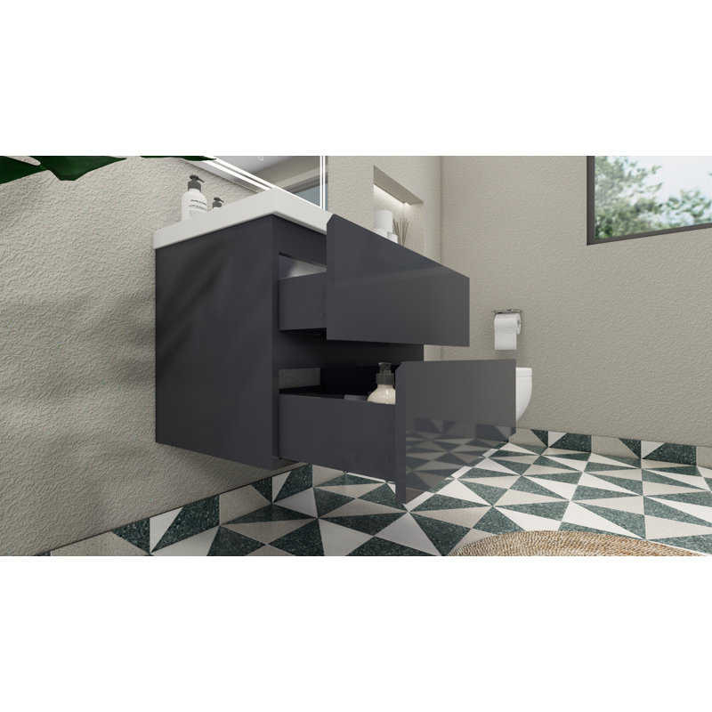 Ensemble de meuble-lavabo simple mural Ninel 30, Gris lustré