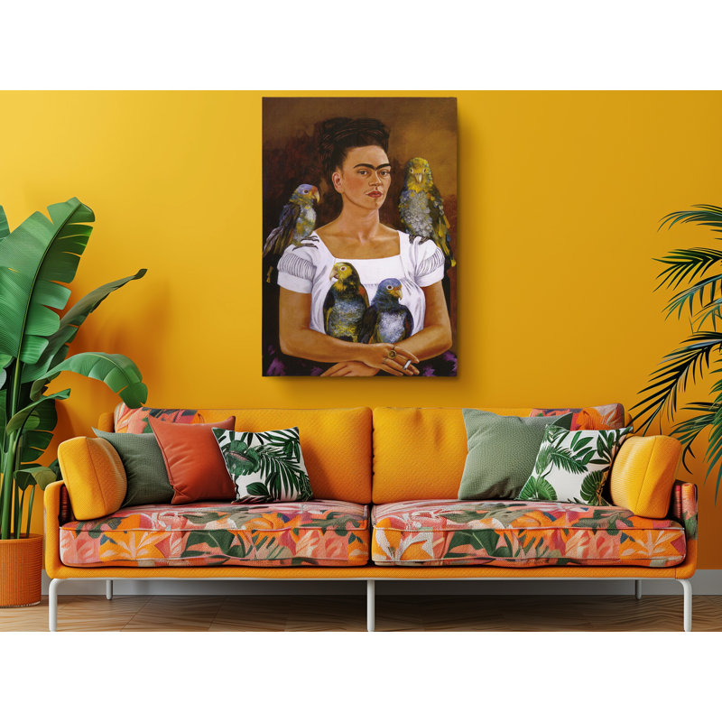 «Frida Kahlo Me and My Parrots», reproduction sur toile, H 45 po x l 30 po