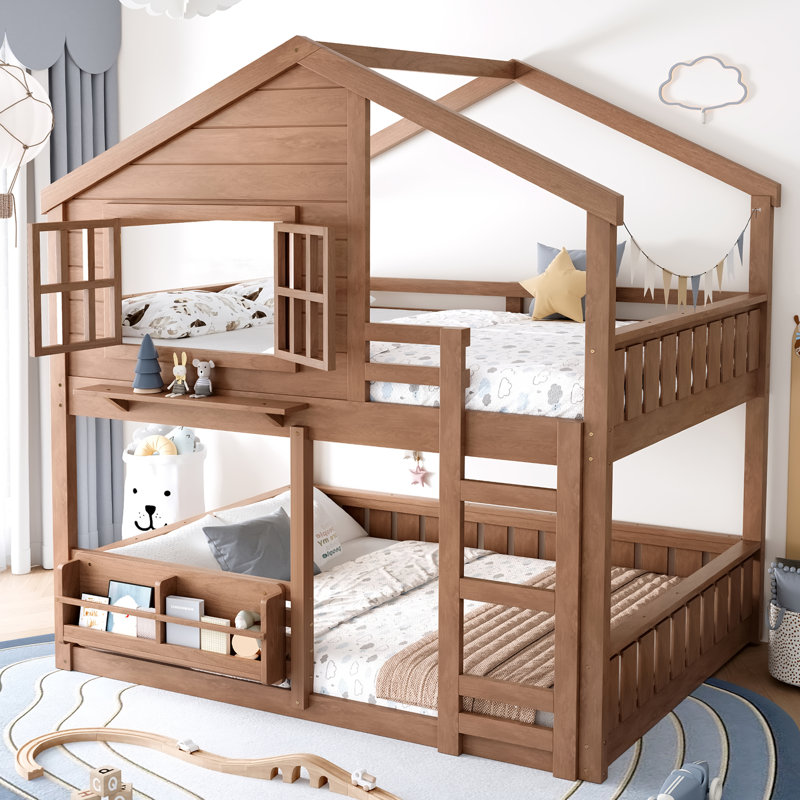 Full Size Bunk Bed/Loft Bed With Bookshelf, House Design, High-Quality Safety Fencing, Natural, Natural, Full