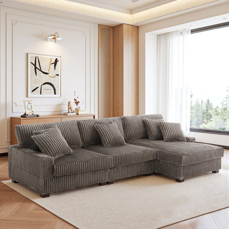 3 Seater Sofa & Chaise, Light Brown Polyester/Foam Padding