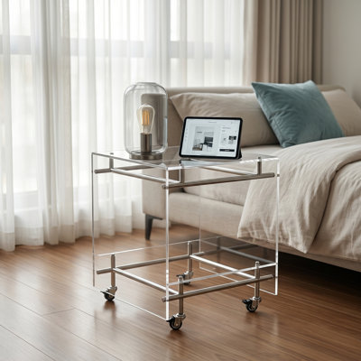 Structure en acier inoxydable, chariot mobile en acrylique transparent, table basse et support de rangement