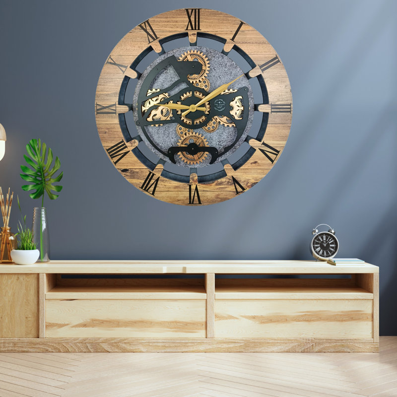 Wall Clock 24" Round Oversized for Living Room decor with Real Moving Gears Canada Collection, Wood Stone