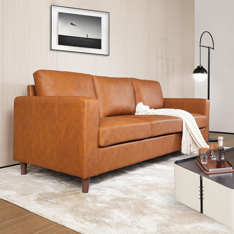 Leather Sofa, 83" Mid-Century Modern Couch, 3 Seater Sofa with Armrests and Comfy Cushions, Deep Seat Sofas