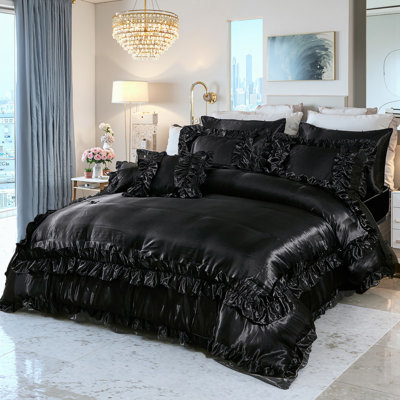 8 Pieces Black Satin Comforter Set King Size with Sheet Set Luxurious Soft and Silky Comforter Set Farmhouse Style Black Rufle Fringe Design Boho Comforter Silk Like Satin Bedding Set