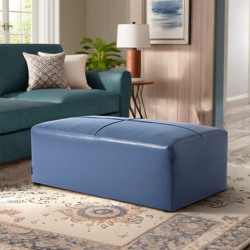 Hustle 110Cm Wide Genuine Leather Rectangle Footstool Ottoman, Navy Blue