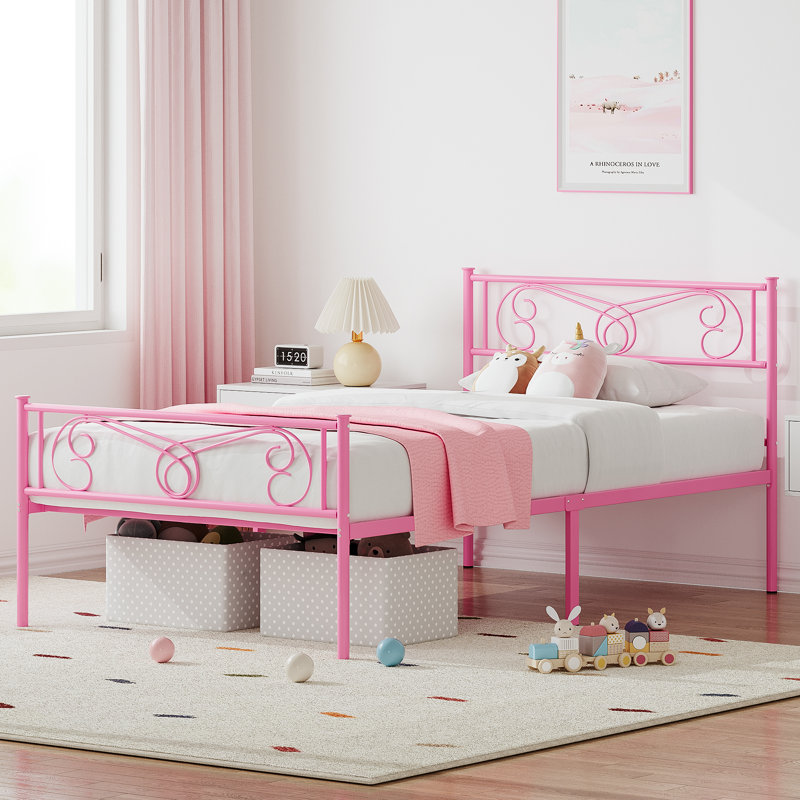 Twin  Charming Pink Metal Platform Bed Frame for Kids with Double Bend Flower Headboard & Footboard, Heavy Duty Steel Slat Support, Noise-Free, Easy Assembly - Pink