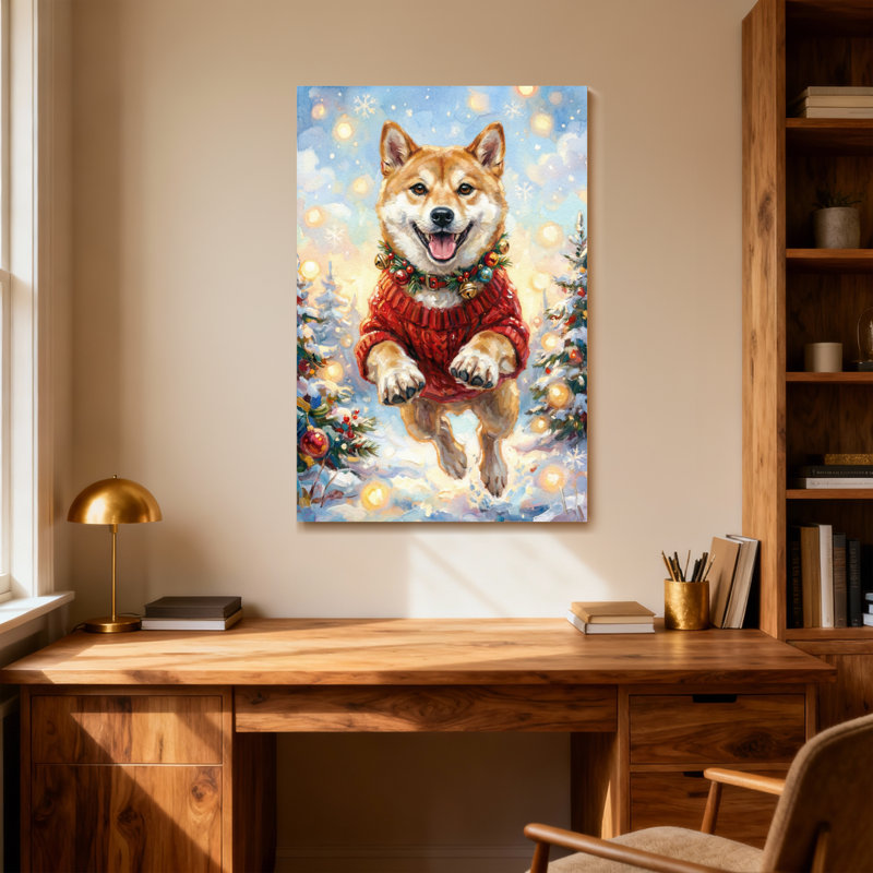 Animaux, chien de Noël en chandail rouge sautant, H 24 po x l 16 po