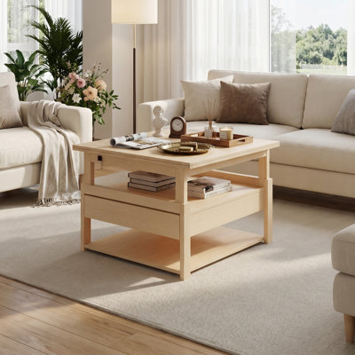 Table basse interchangeable avec plateau relevable, surface allongée et tiroir de rangement