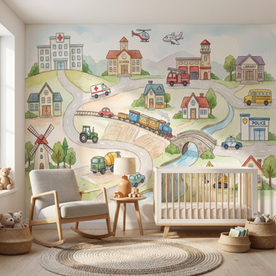 Town Illustration Wallpaper Buildings Vehicles Wall Mural
