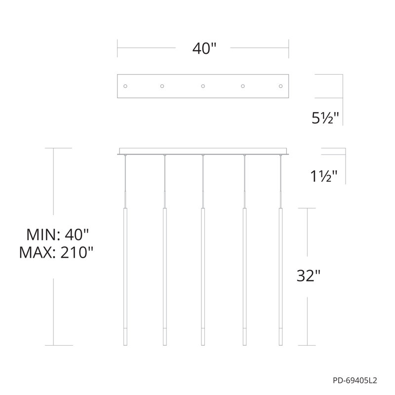 Luminaire suspendu grappe linéaire à 5 lumières Viggo, H 40 po x l 40 po x P 5,5 po
