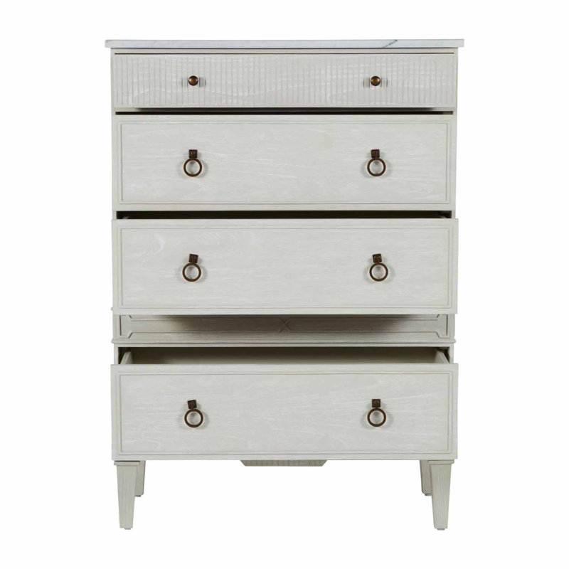 Cerused White Tallboy Chest with Marble Top and Brass Pulls