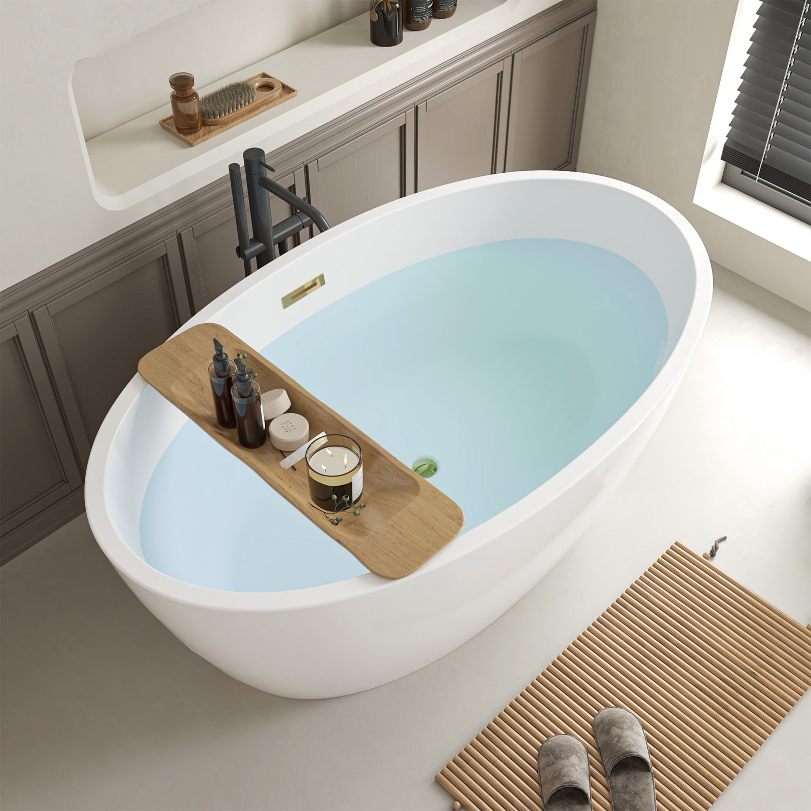 Freestanding Soaking Acrylic Bathtub, White/Titanium Gold, 22.8" H x 31.9" W x 55.1" L