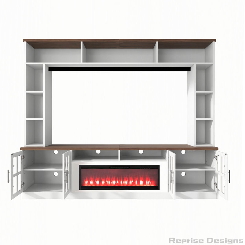 Meuble audio-vidéo 95,5 po avec foyer électrique et tablettes pour téléviseur de 80 po ou moins, Blanc + noyer