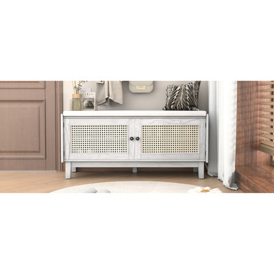Banc de hall d'entrée avec coussin, rangement pour et encombrement, banc d'inspiration bohémienne à finition grise réglable à 3 niveaux, conception à double porte, 4 sections, poids de 200 lb, beige