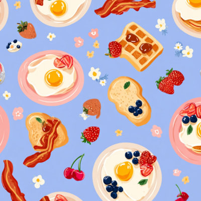 Peel and Stick Wallpaper Seamless Breakfast Food Pancakes Waffles Bacon Eggs Strawberries Contact Paper Removable Self Adhesive Wall Mural Wall Decor for Bedroom Kitchen Cabinets 24in x 118in