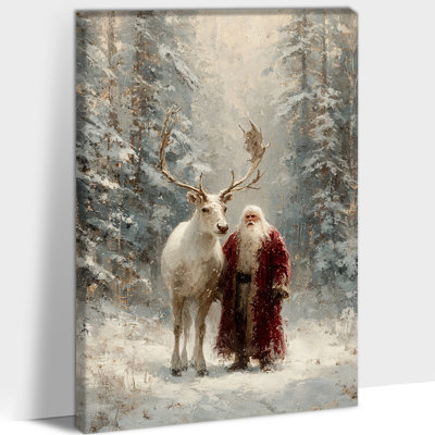 Vintage Christmas Pictures Wall Decor - Santa Claus and Reindeer Canvas Wall Art, Winter Forest Scene Artwork, Christmas Painting for Living Room Wall Decor, Wrapped Canvas Print, 18×24 inches