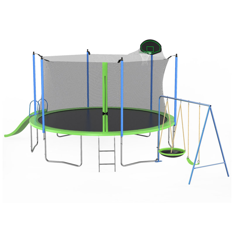 Trampoline 14 pi avec glissoire et balançoires, trampoline avec panier de basketball, échelle, vert