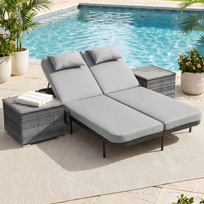Outdoor Wicker Double Chaise Lounge Chair with Side Table & Cushions, 6-Position Adjustable Backrests