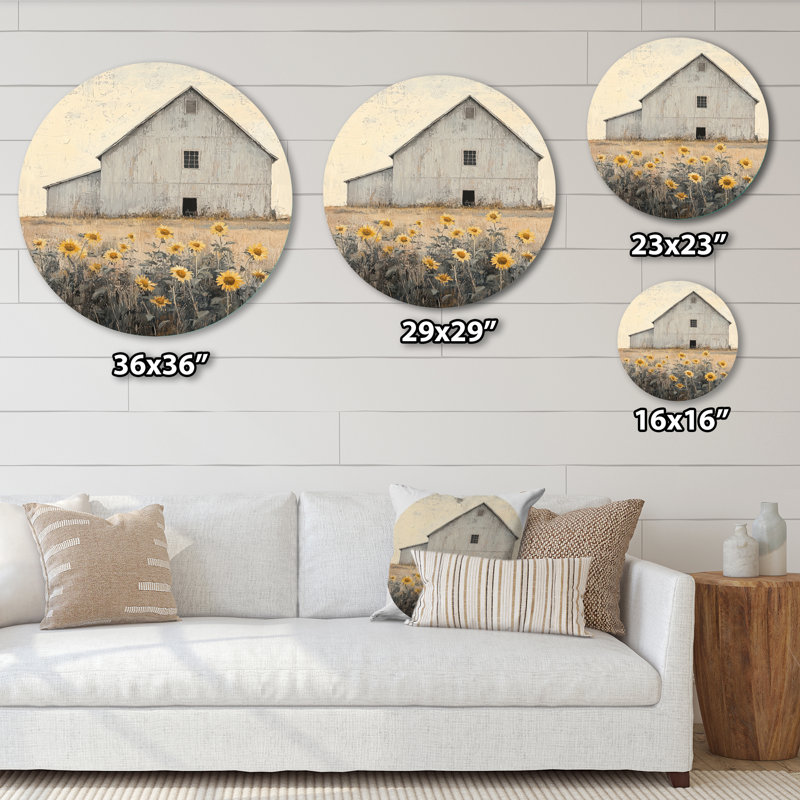 Photos de grange Minimalsim avec tournesols - impression de ferme sur cercle métallique, H 16 po x l 16 po