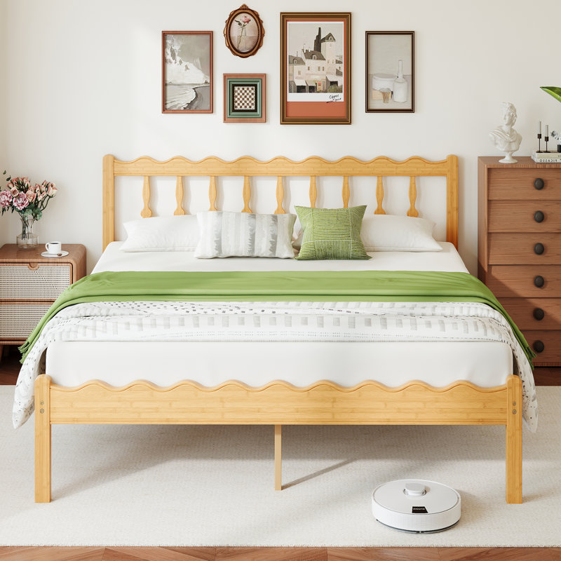 Structure de lit plateforme en bois de bambou 14 po avec tête de lit ondulée, lattes en métal, aucun sommier requis, 14"