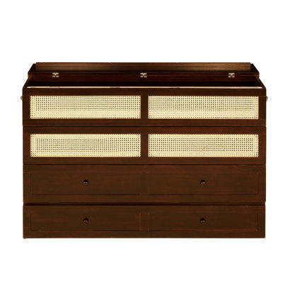 Queen Size Murphy Bed Cabinet, Pine Wood Rattan Cabinet Bed with Storage Drawer Space-Saving Platform Bed No Box Spring,Walnut