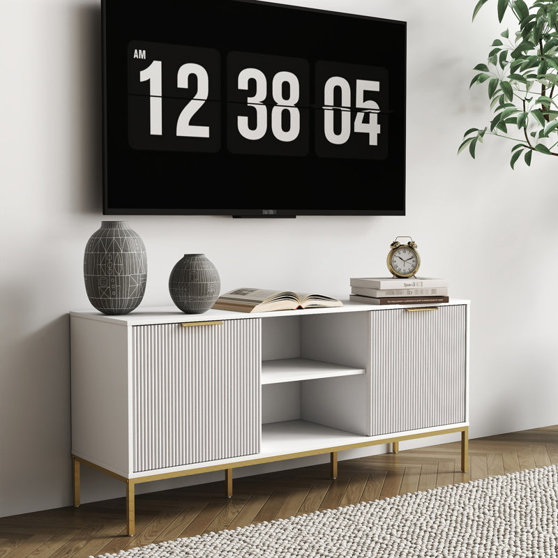 Meuble télé moderne avec portes ondulées, tablette ouverte et tablette réglable pour un salon élégant et fonctionnel