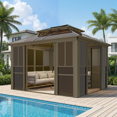 10 Ft. W X 12 Ft. D Outdoor Lean-to Sunroom Gazebo, Enclosed Patio Shelter with Sliding Doors, Galvanized Steel Roof and Polycarbonate Wall Panels, Aluminum Frame for Backyard