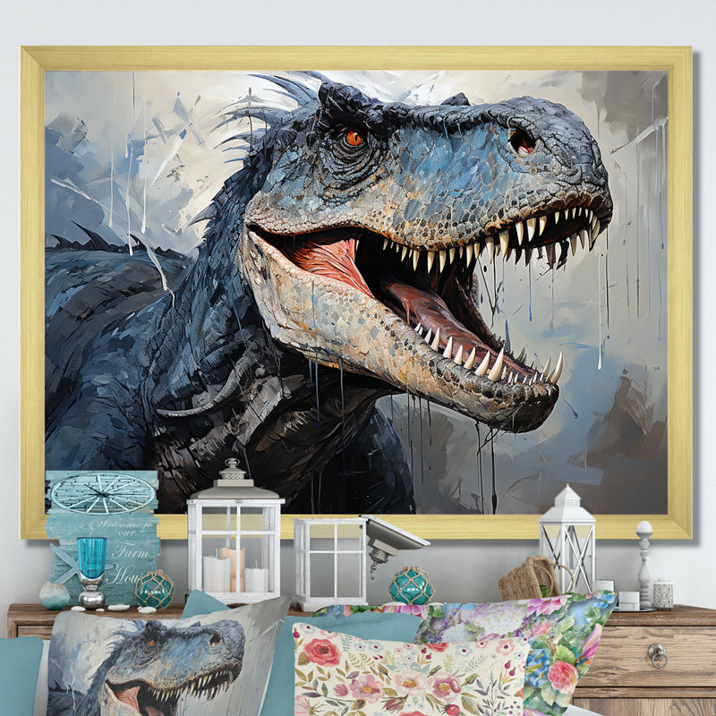 Dinosaur Blue T Rex Supreme sur toile, Cadre flottant doré, 32" H x 24" W