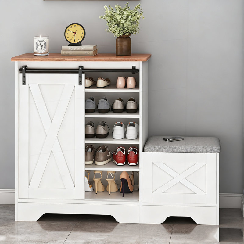 Fold-Down Entry Shoe Cabinet With Hidden Compartments And Built-In Storage Bench, Perfect For Compact Spaces
