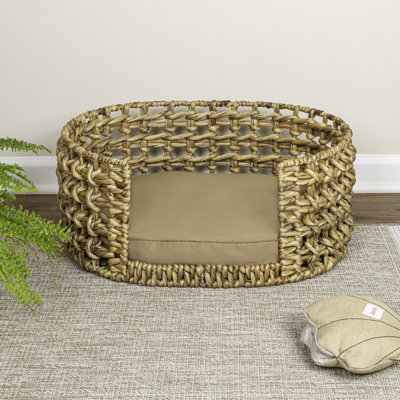 Gigi 24" x 18" Modern Bohemian Handwoven Hyacinth Open-Weave Oval Pet Bed with Machine-Washable Cushion
