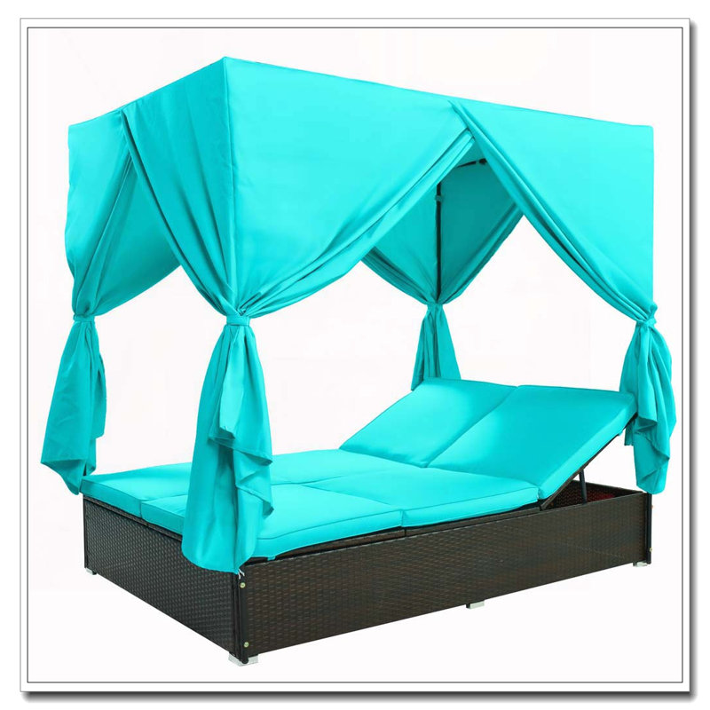 Outdoor Double Chaise Lounge Daybed with Curtains and 6-Position Adjustable Head/Foot Sections