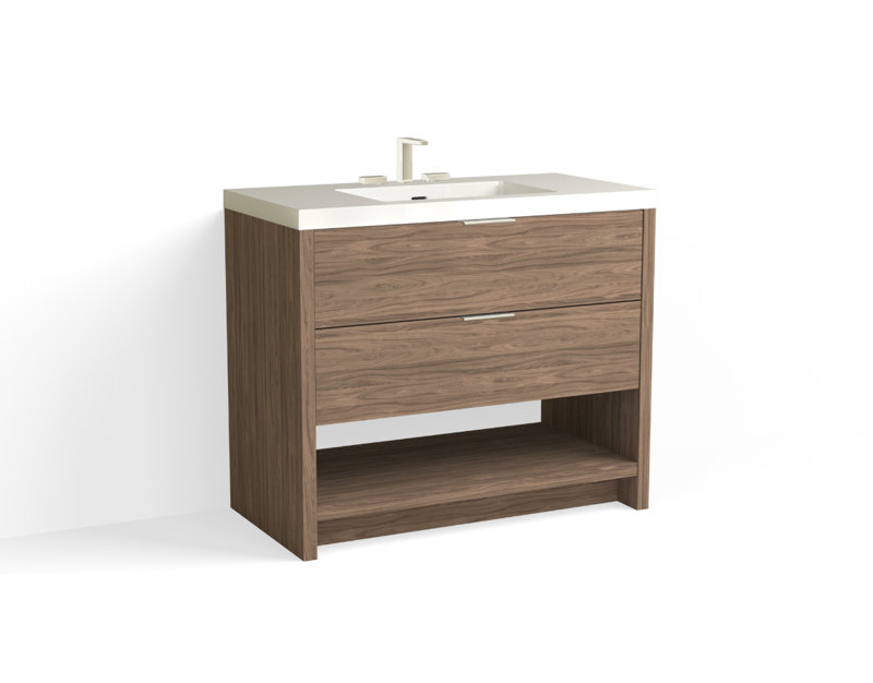 Vue 42" W Freestanding Single Bathroom Vanity, Satin Brass, White Nanomatte, Matte White/8" Widespread