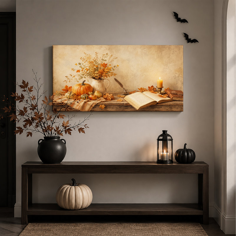 Art sur toile orange citrouille orange et fleurs séchées sur table rustique, L 46 po x H 24 po