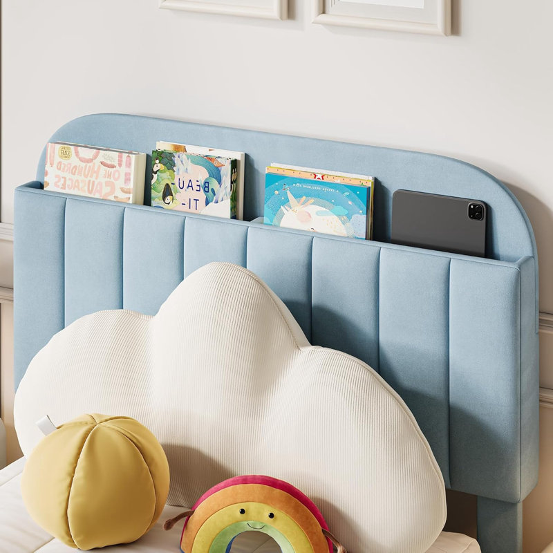 Upholstered Platform Bed With Large Storage Drawer And Bookcase Headboard, Twin, Blue