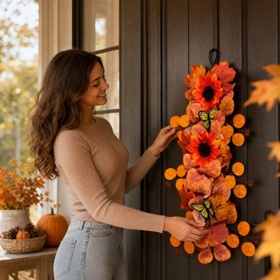 Fall Decor Thanksgiving Sunflower Wall Hanging Fall Artificial Maple Leaf Wreath Outdoor Butterflies Door Decor For Thanksgiving Fall Front Door Home