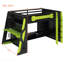 Lit mezzanine double en bois avec bureau, tablettes multiples et lumière RVB, vert-130590298-130590299