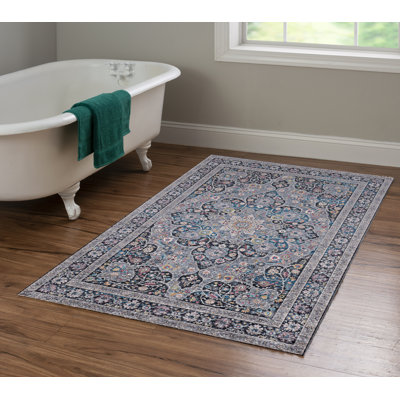 Emanuel Traditional Machine Woven Flatweave Grey and Blue Area Rug with Non Skid Backing 