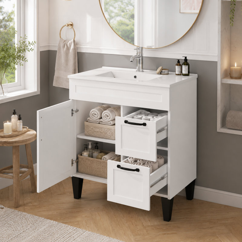 Meuble-lavabo autoportant blanc 32 po avec lavabo en céramique 32 po, 1 porte et 2 tiroirs à fermeture en douceur