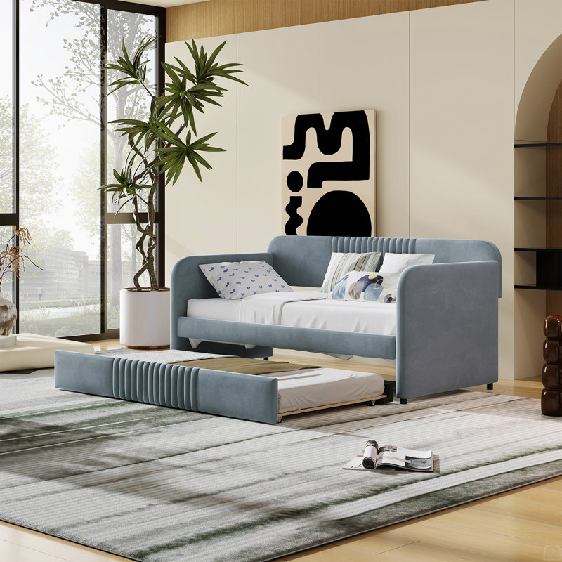 Upholstered Daybed Sofa Bed Twin Size With Trundle Bed And Wood Slat