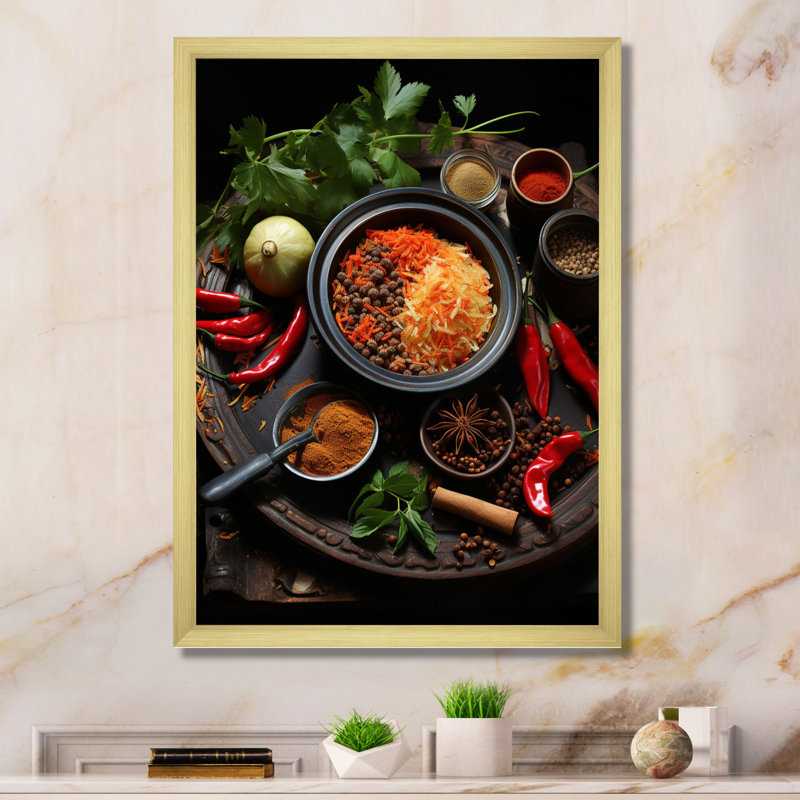 Cuban Cuisine - rouge sur toile, Encadrement doré, H 40 po x l 30 po x P 1,5 po
