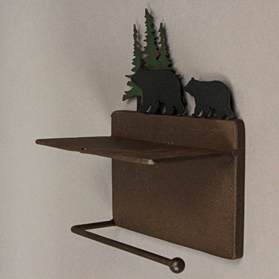 Rustic lodge painted brown metal bear toilet paper holder with phone shelf, 8.5 inches high