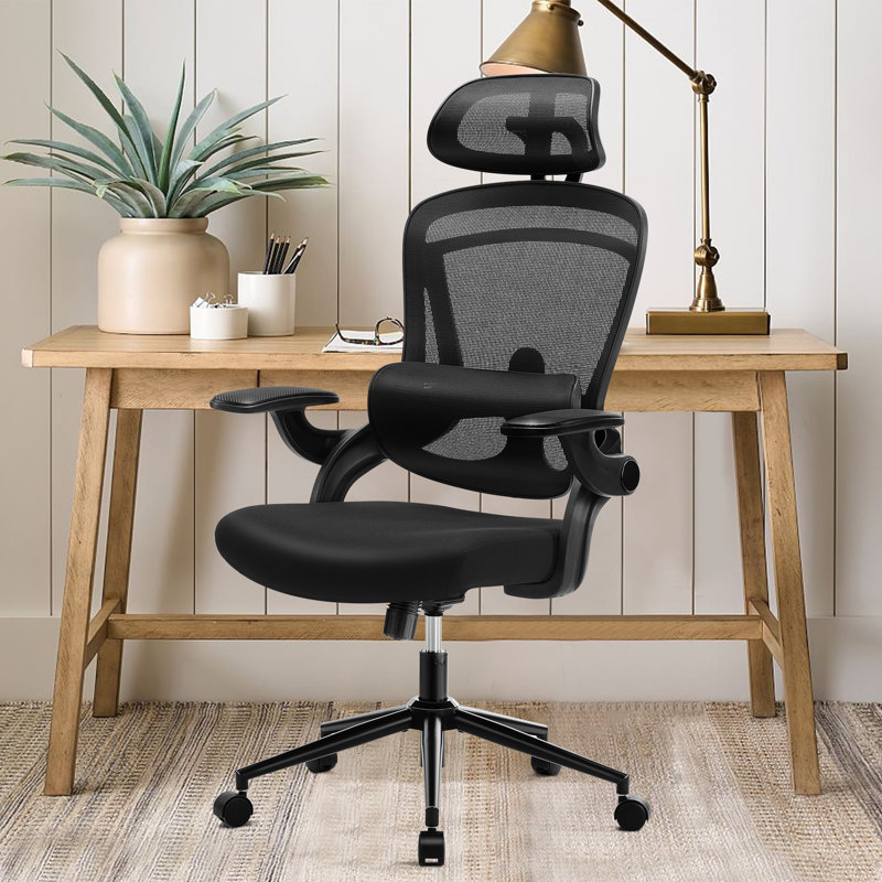 Chaise de bureau ergonomique avec appui-tête réglable et accoudoirs, Noir, Noir