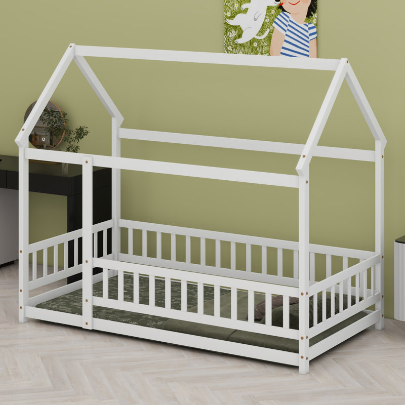 Lit en bois avec structure de toit et garde-corps de sécurité, Blanc