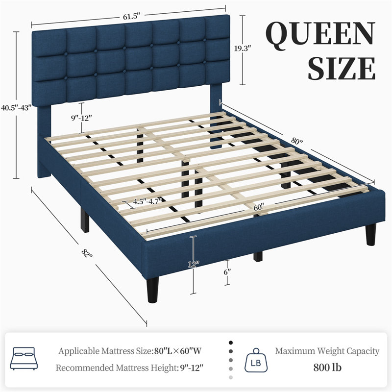 Lit plateforme tapissier Contemporary, Queen, Bleu marine